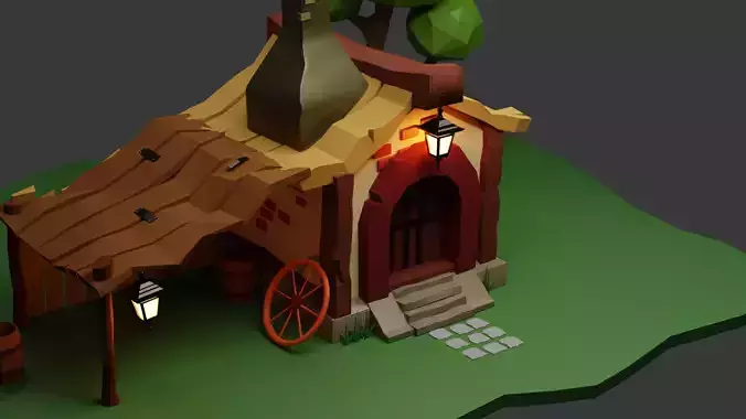 cartoon farm cottage 3D low poly 