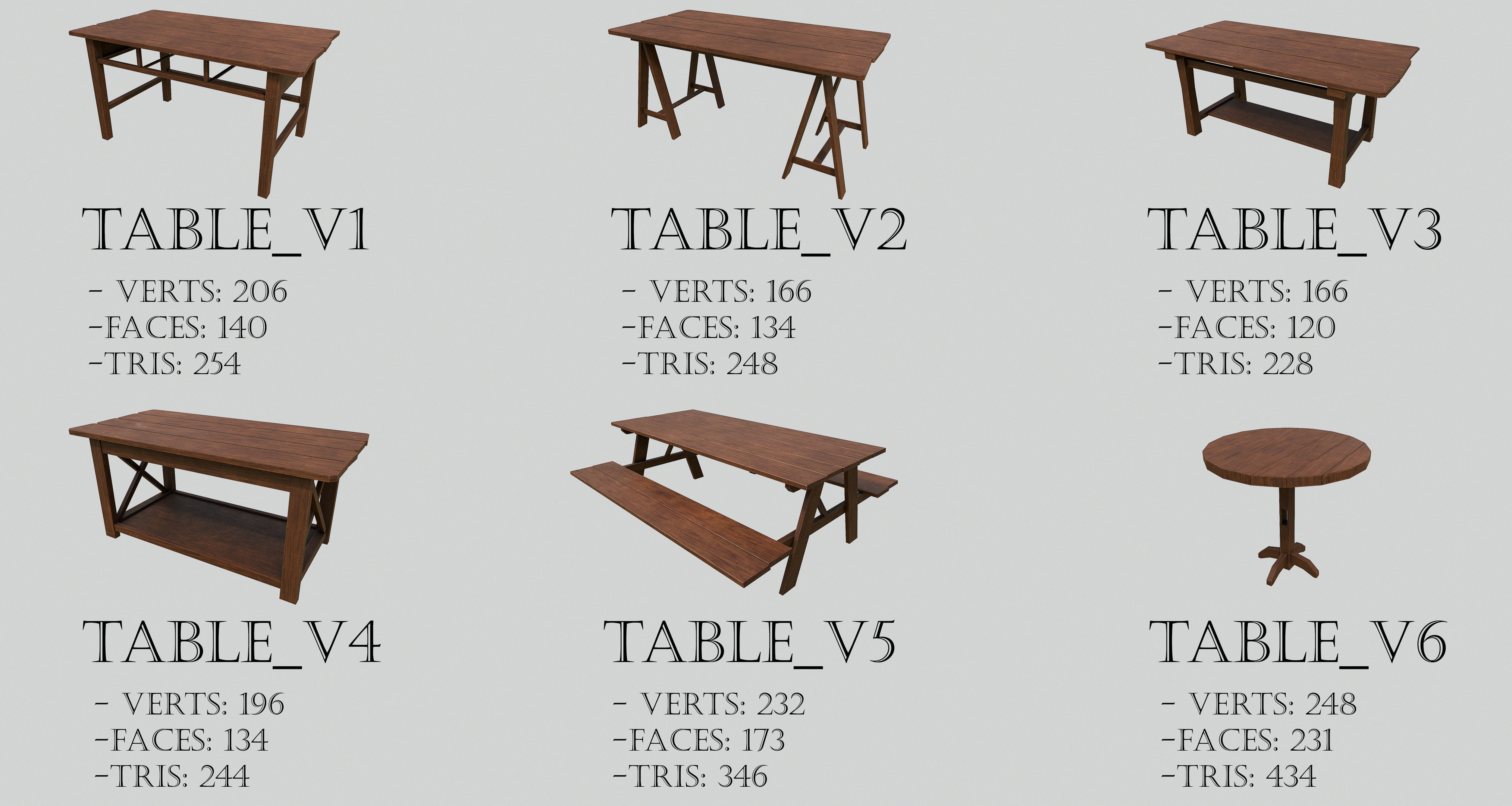 Pack of 6 Medieval Wooden Tables Low-poly 3D model_2