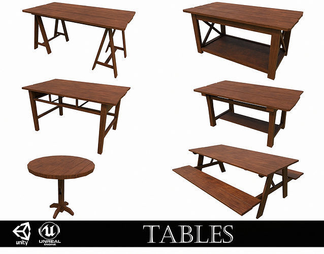 Pack of 6 Medieval Wooden Tables Low-poly 3D model