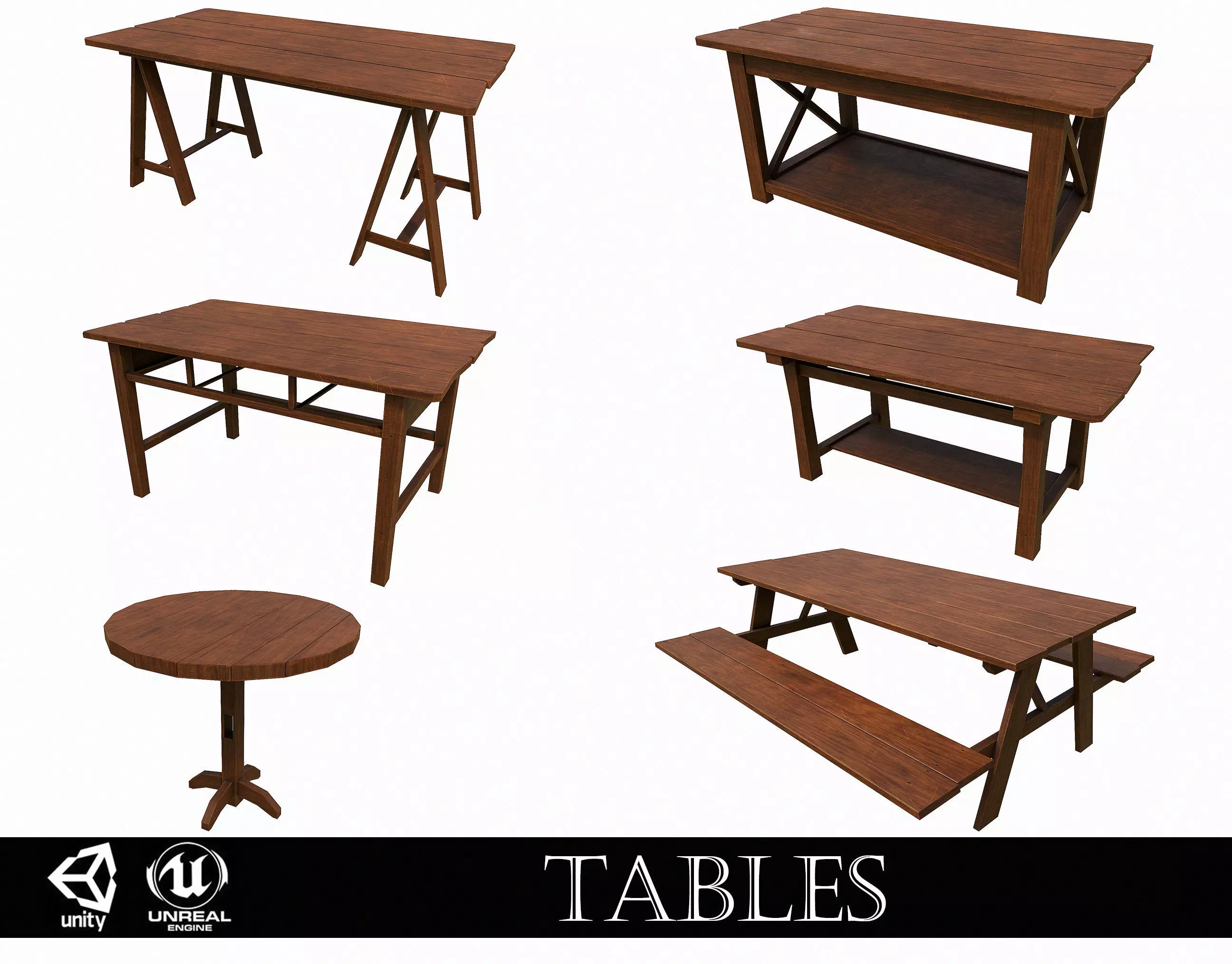 Pack of 6 Medieval Wooden Tables Low-poly 3D model_0