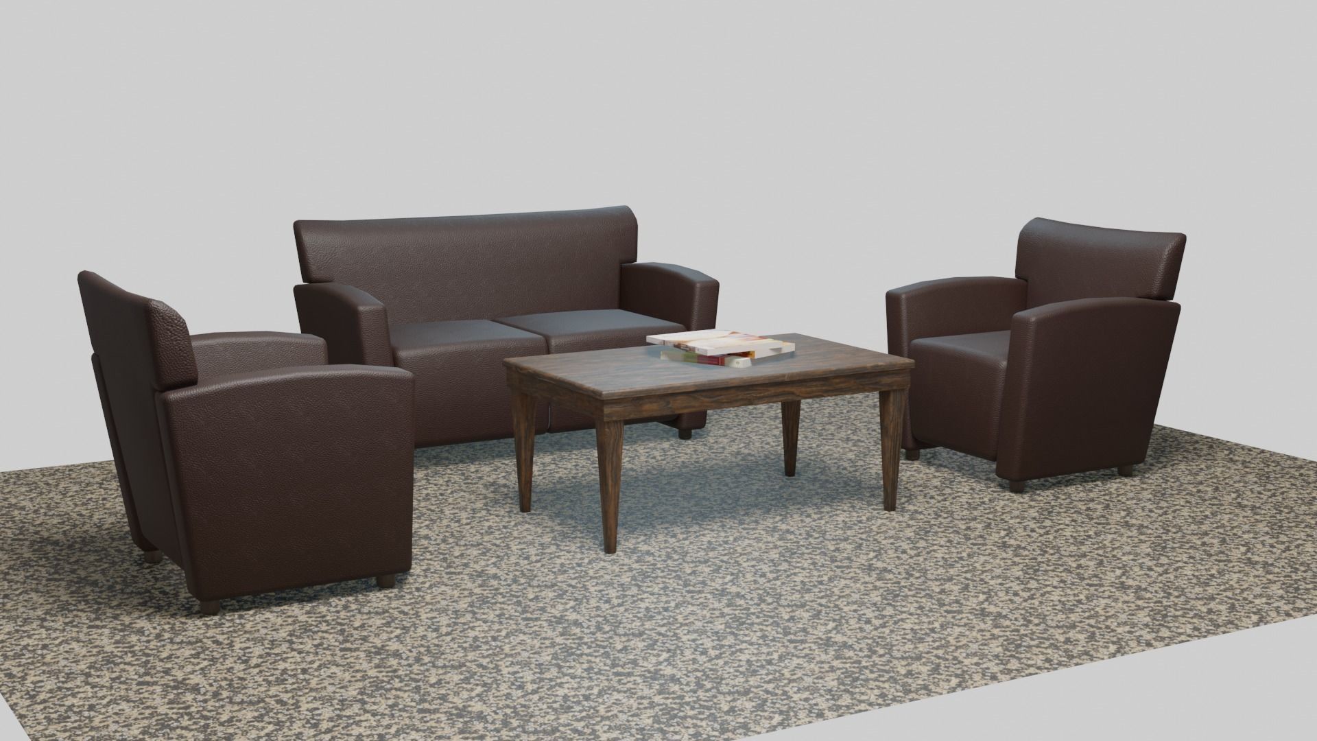 Sofa set three leather chairs and table Low-poly 3D model_1