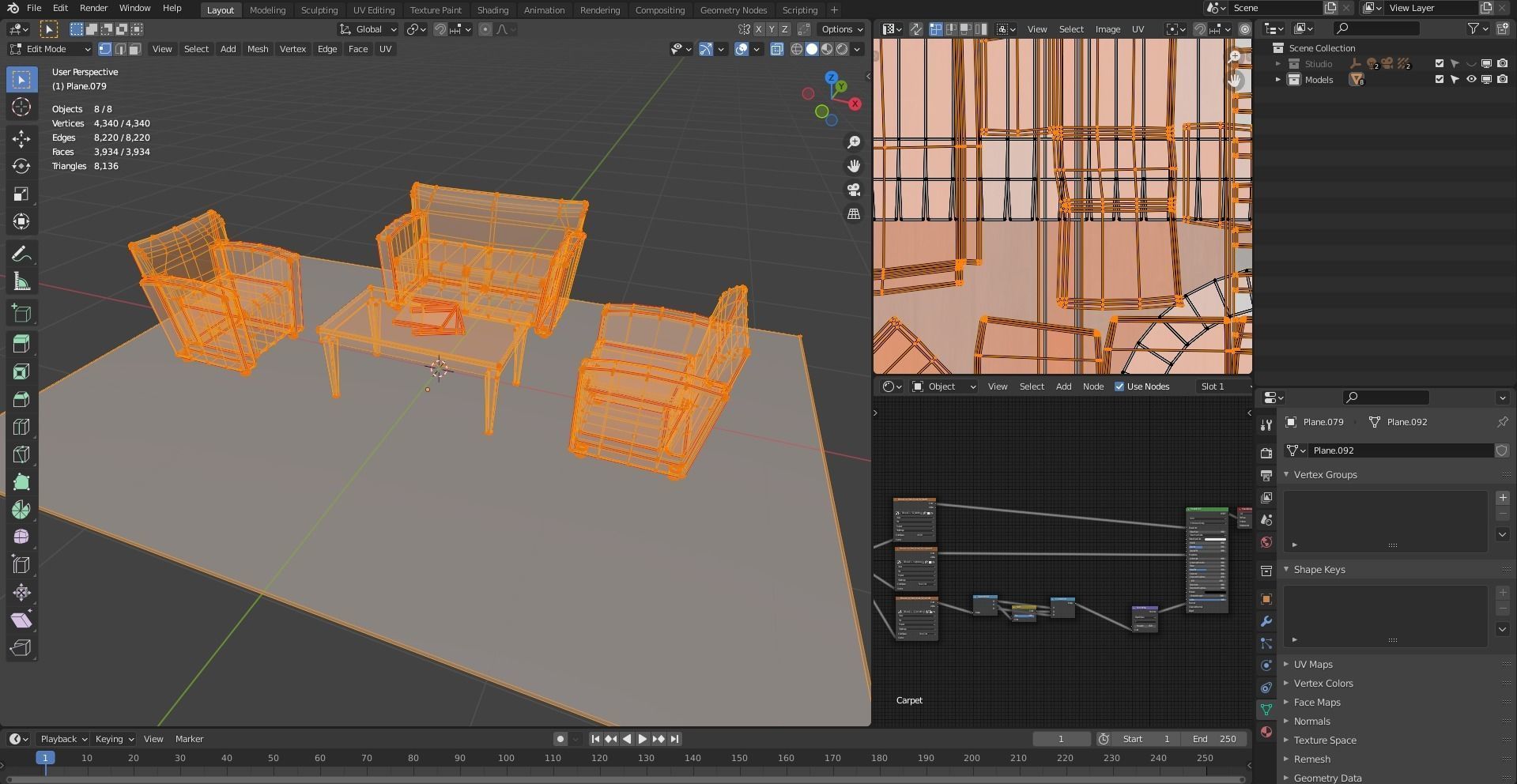 Sofa set three leather chairs and table Low-poly 3D model_19