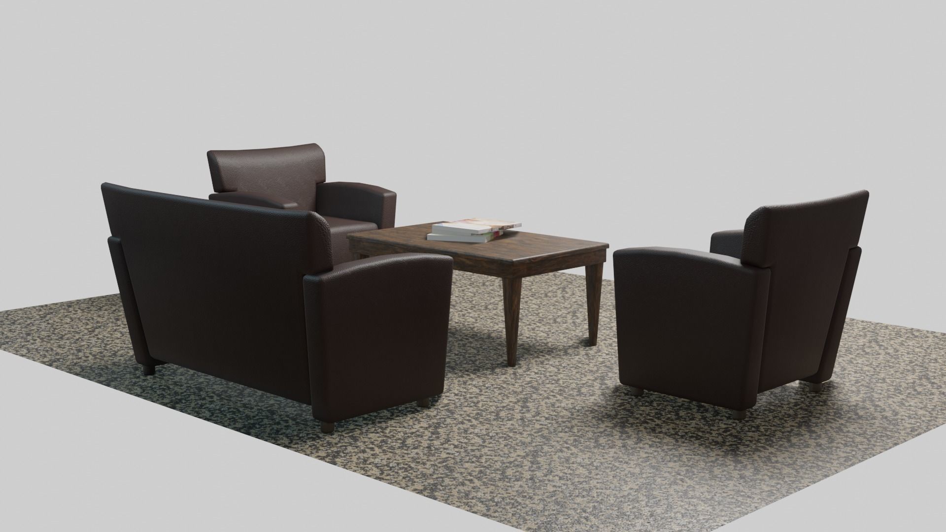 Sofa set three leather chairs and table Low-poly 3D model_2