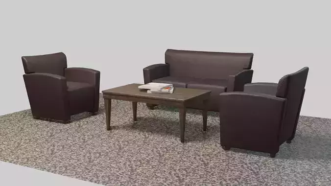 Sofa set three leather chairs and table Low-poly 3D model