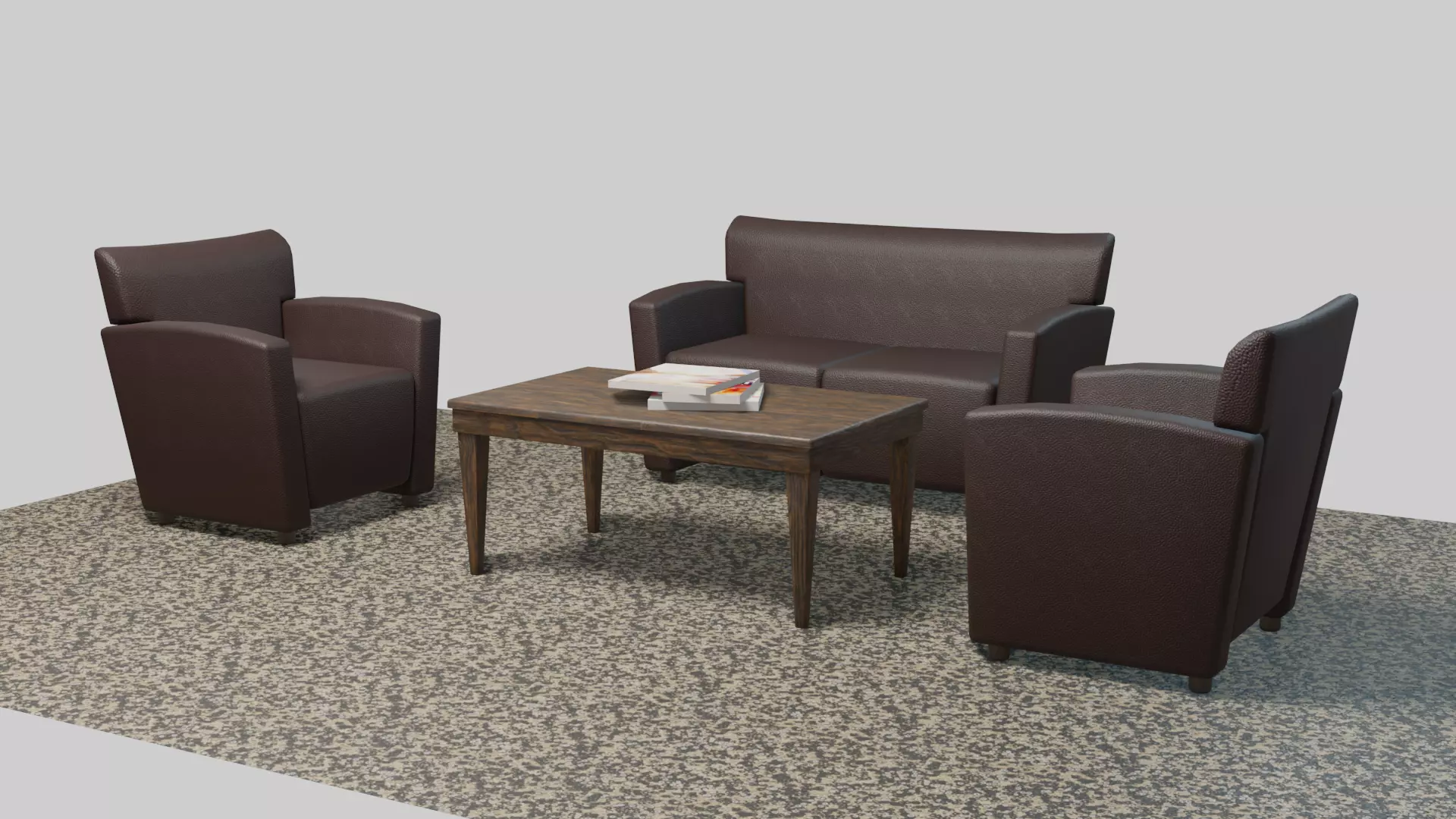 Sofa set three leather chairs and table Low-poly 3D model_0