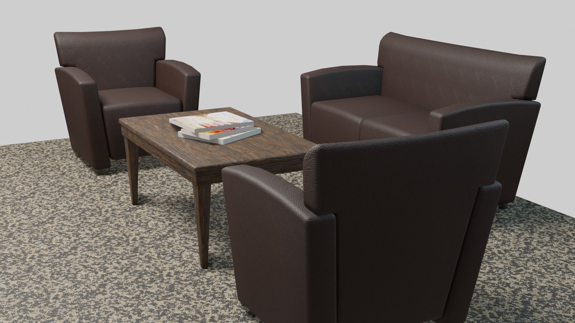 Sofa set three leather chairs and table Low-poly 3D model_4