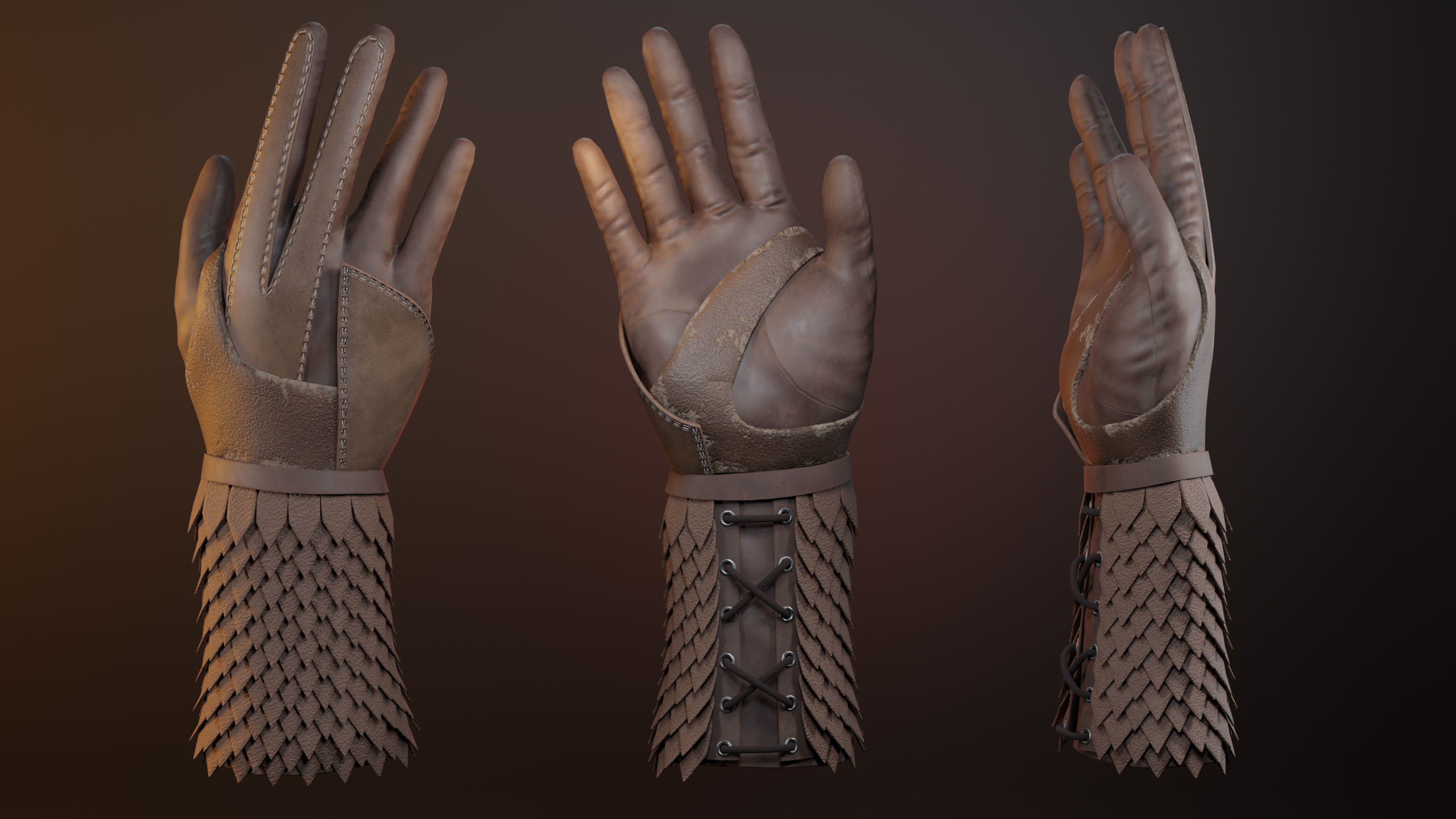 3 Leather Gloves Low-poly 3D model_2