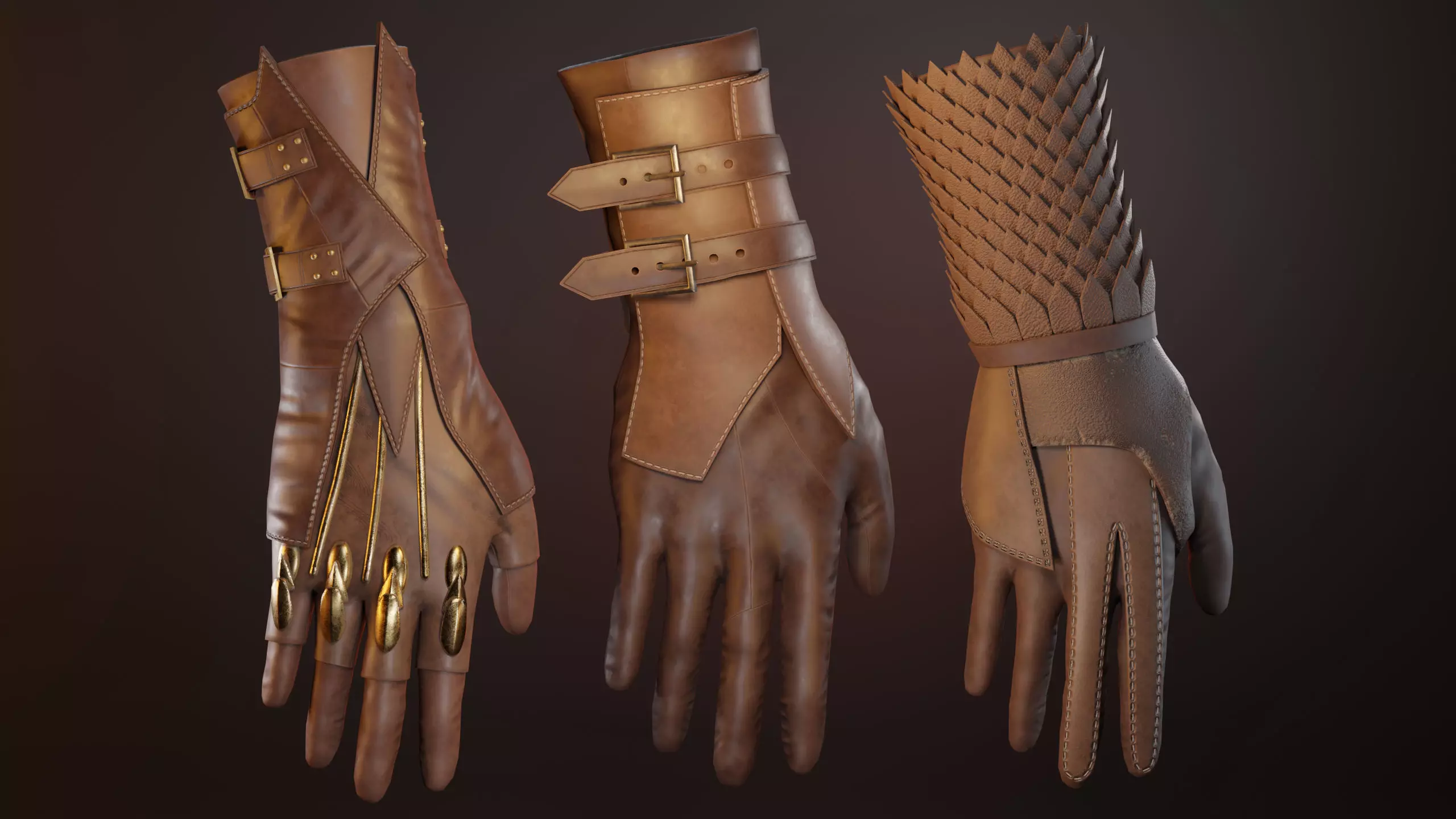 3 Leather Gloves Low-poly 3D model_0