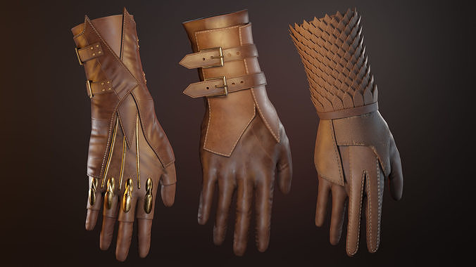 3 Leather Gloves Low-poly 3D model