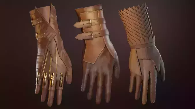 3 Leather Gloves Low-poly 3D model