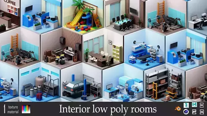low poly interior rooms Low-poly 3D model