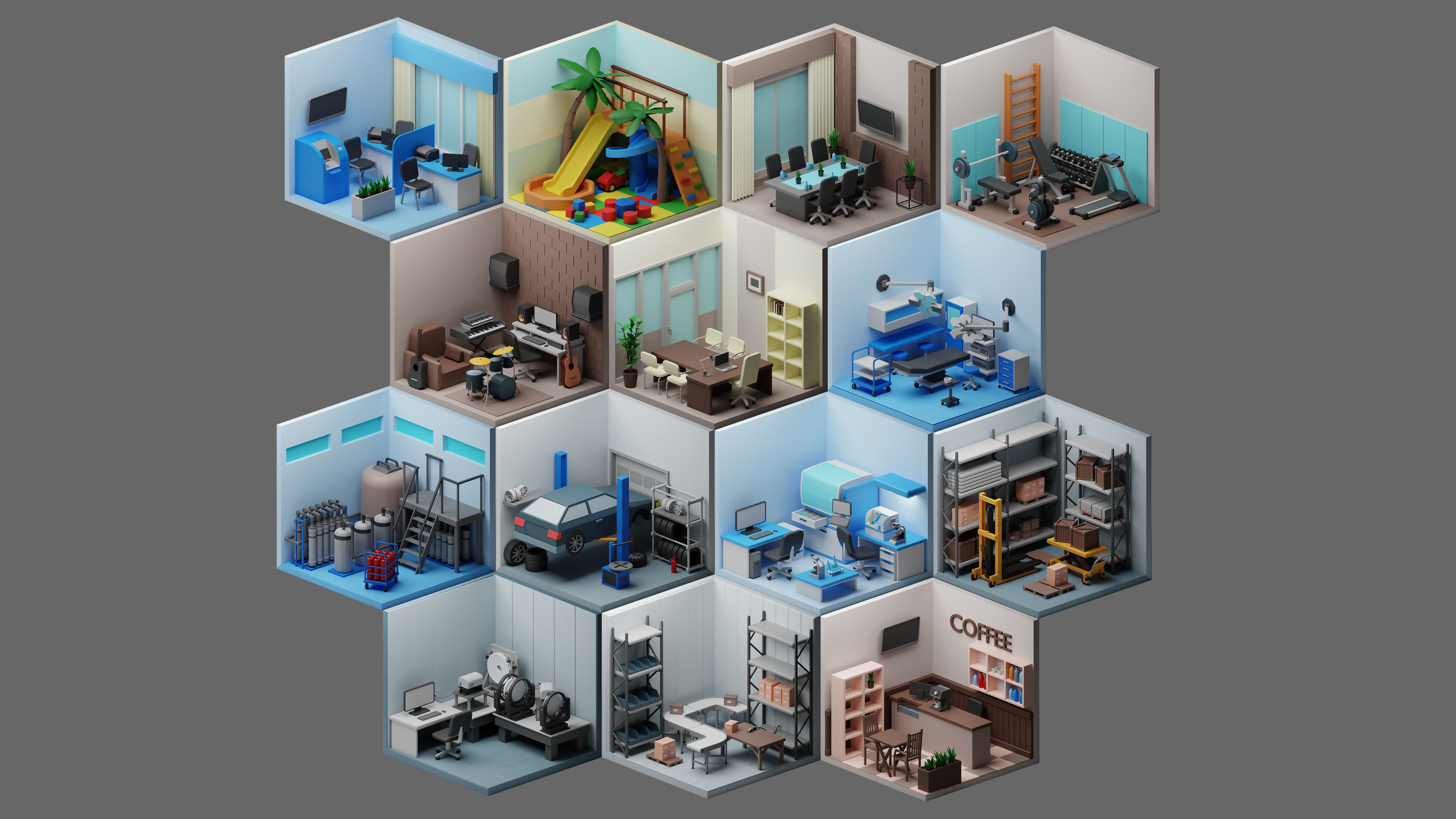 low poly interior rooms Low-poly 3D model_1