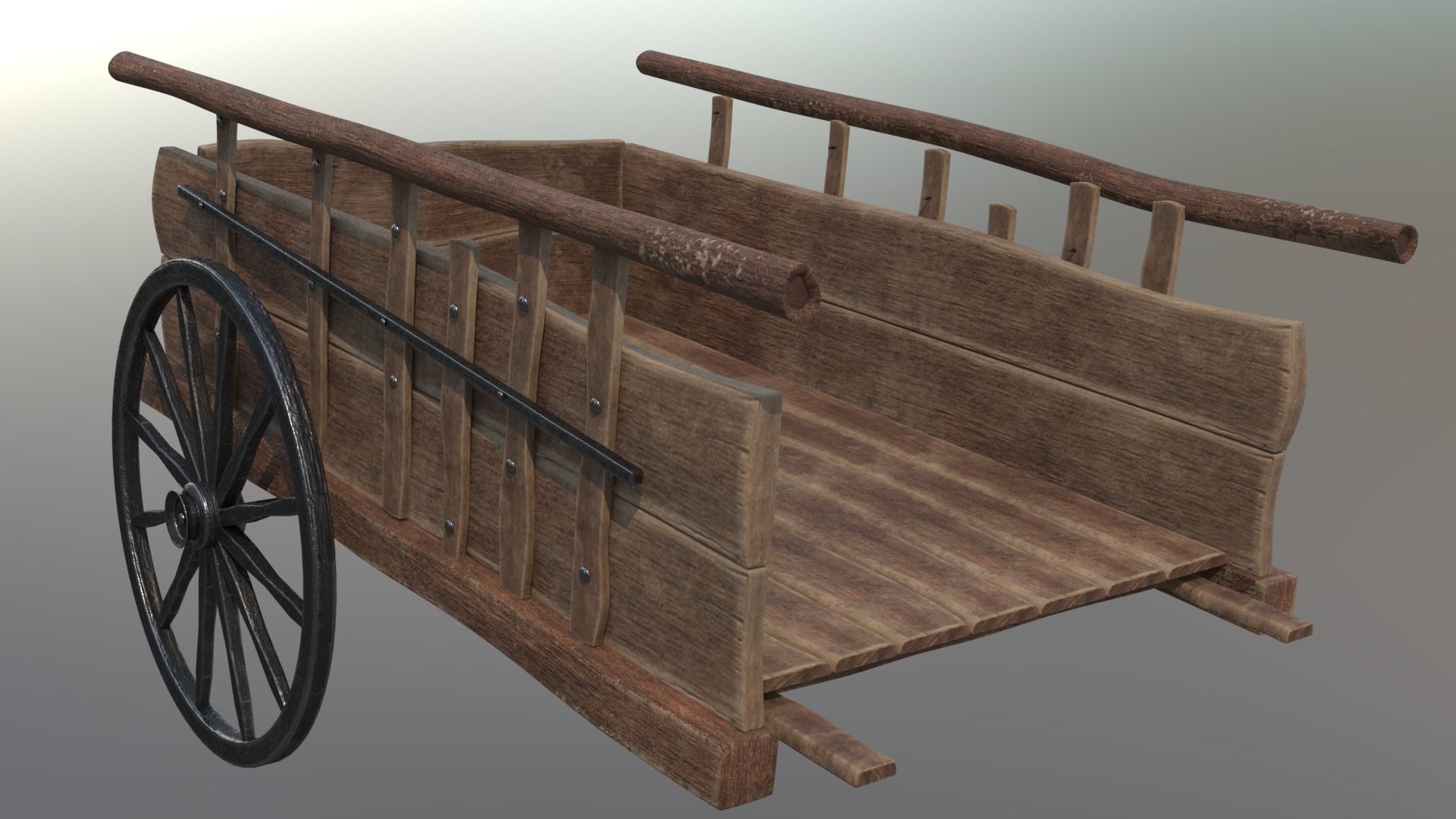 tumbrel wooden cart with wheels 3D model_1
