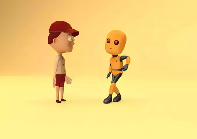 boy character and robot Low-poly 3D model