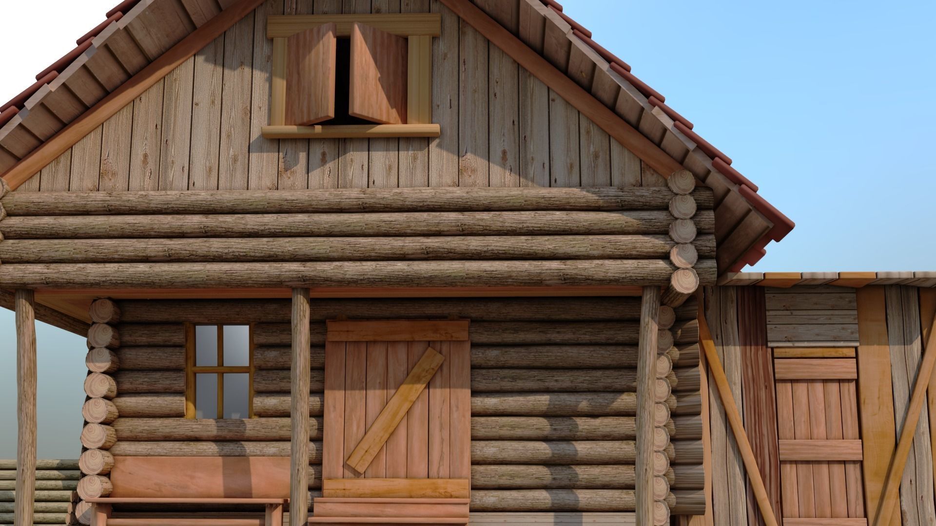 woodhouse log cabin with tile roof 3D model_3