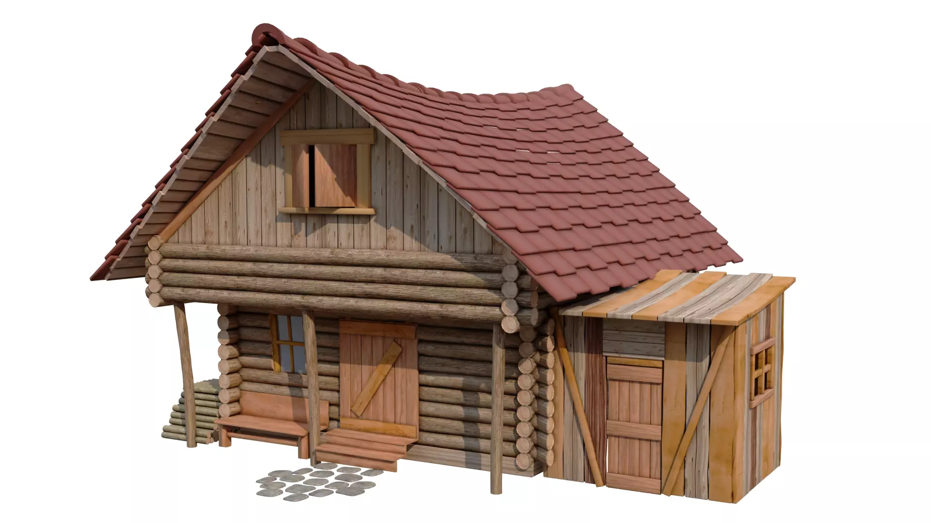 woodhouse log cabin with tile roof 3D model_0