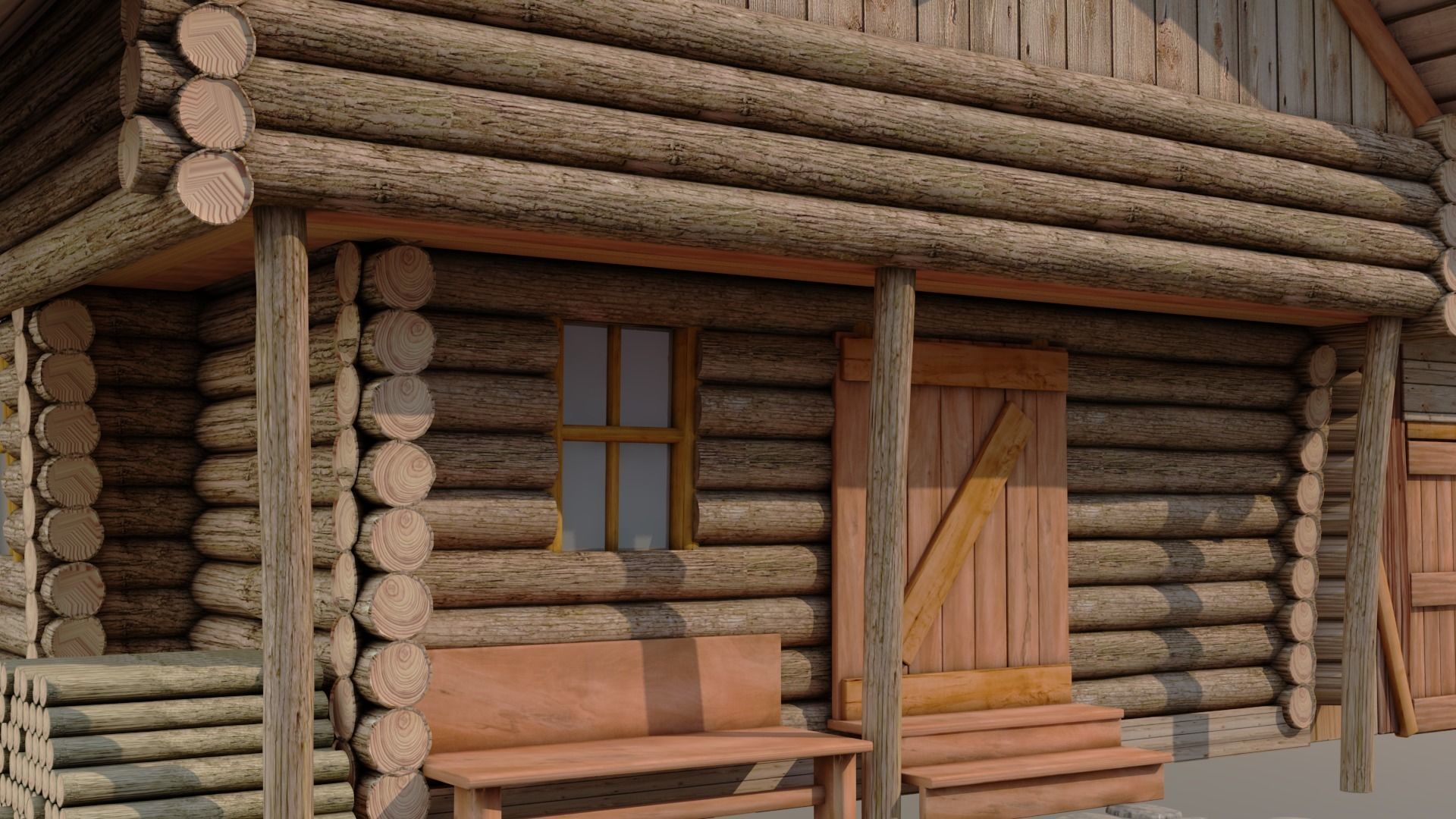woodhouse log cabin with tile roof 3D model_1