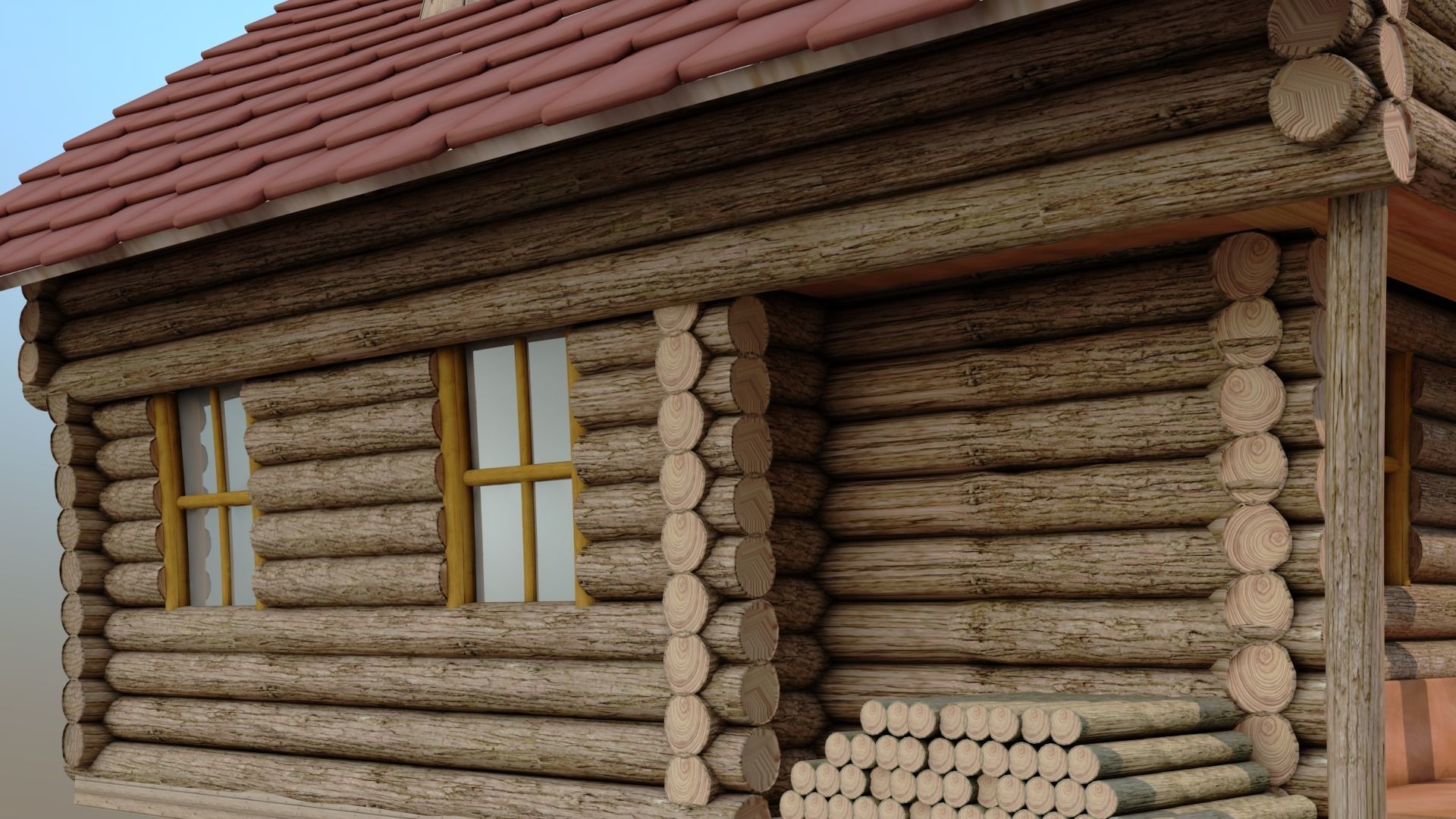 woodhouse log cabin with tile roof 3D model_2
