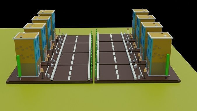 3D society road with two buildings Low-poly 3D model