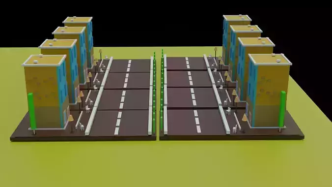 3D society road with two buildings Low-poly 3D model