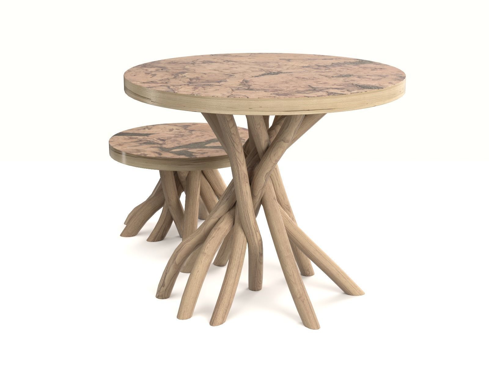 The wooden tables with a base of branches 3D model_2