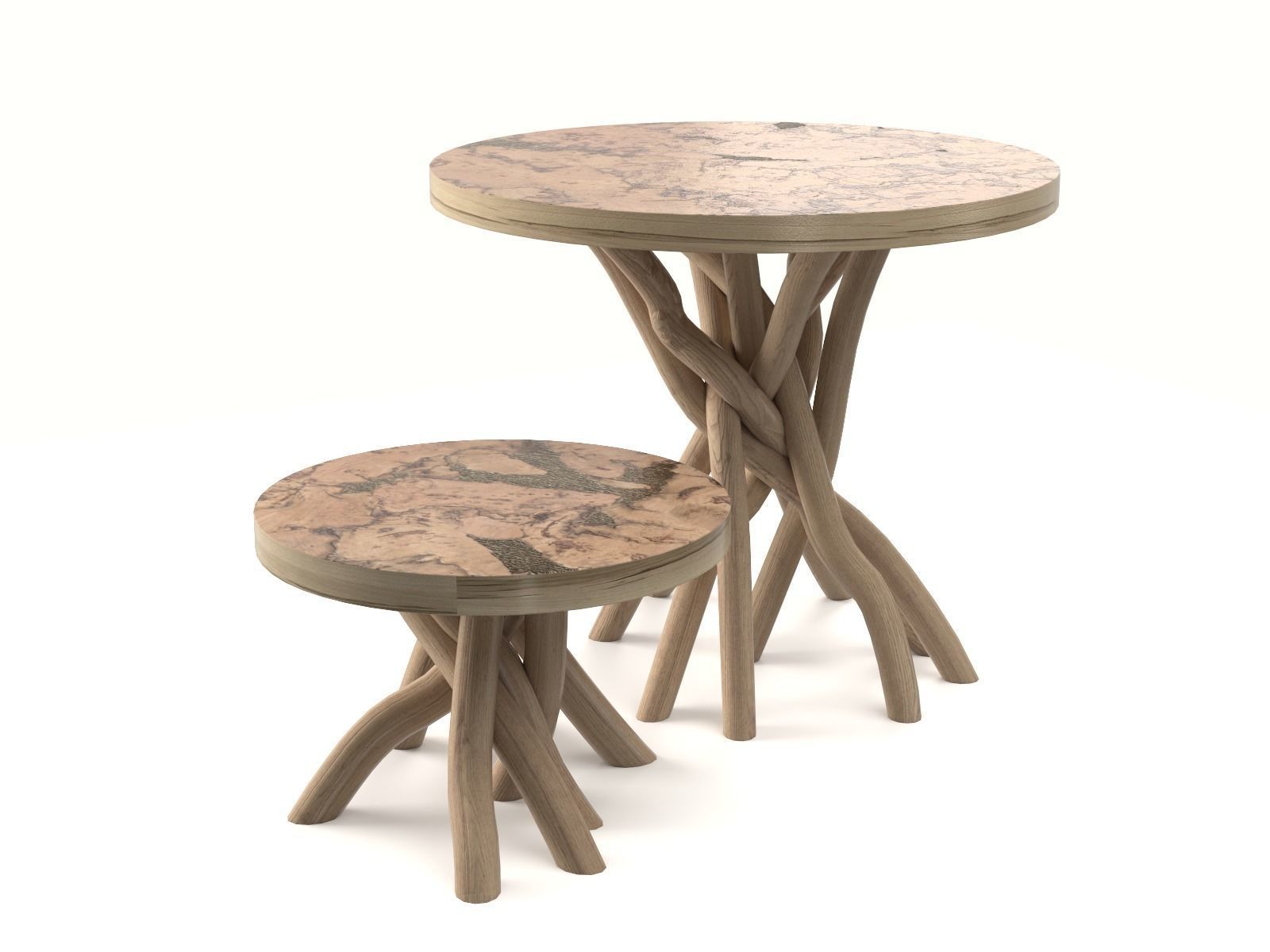 The wooden tables with a base of branches 3D model_4