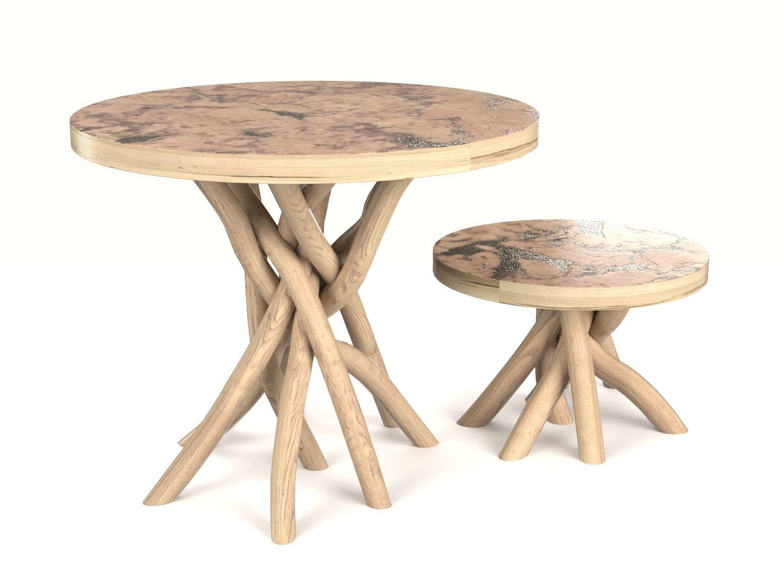 The wooden tables with a base of branches 3D model_1