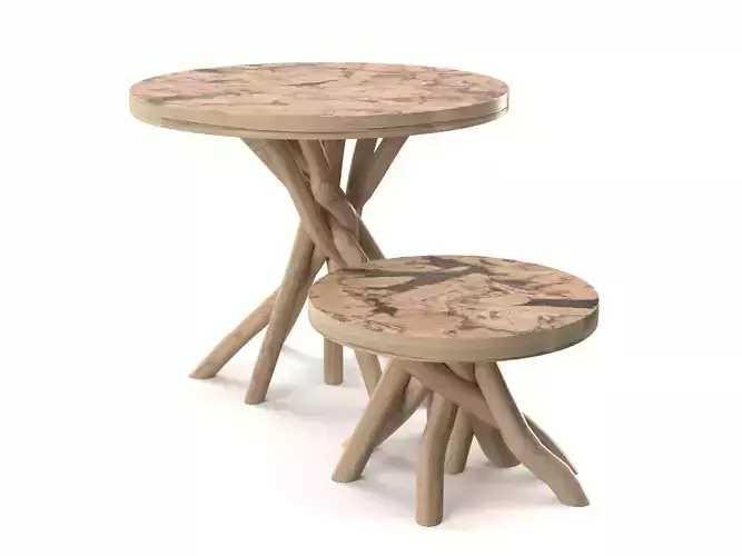 The wooden tables with a base of branches