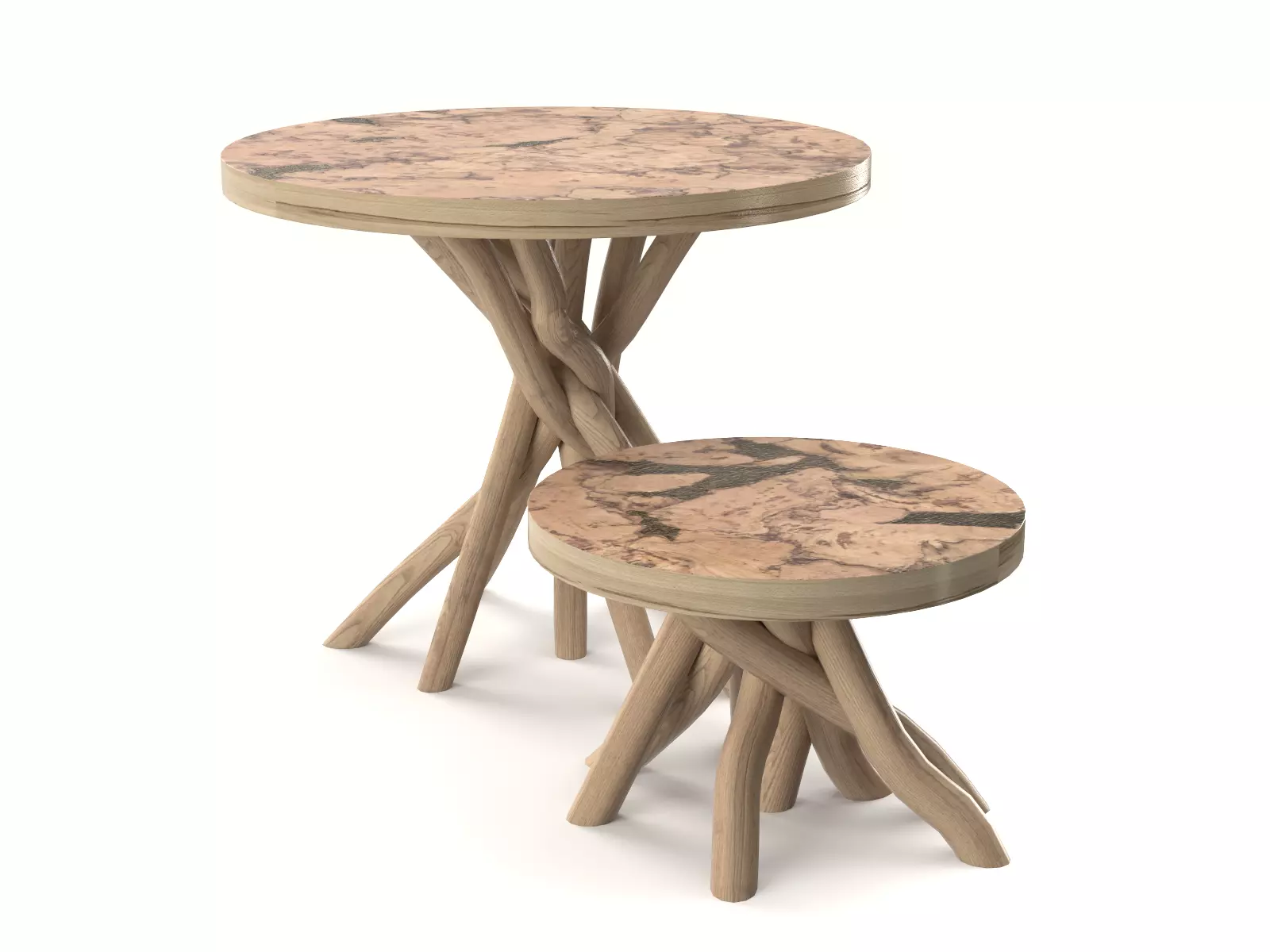 The wooden tables with a base of branches 3D model_0