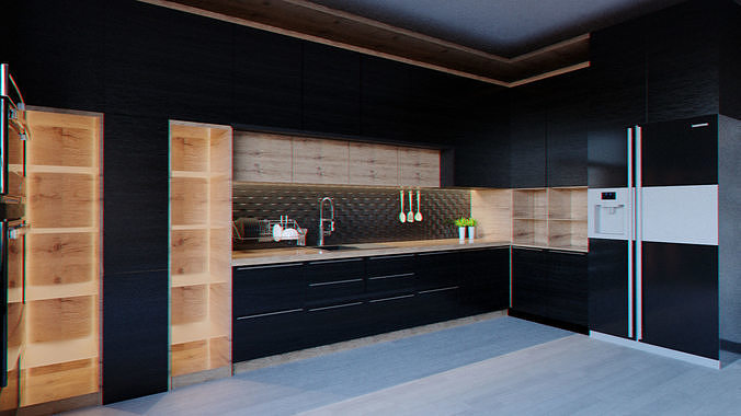 Kitchen modern with cabinets and wooden floors Free 3D model