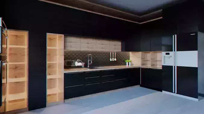 Kitchen modern with cabinets and wooden floors