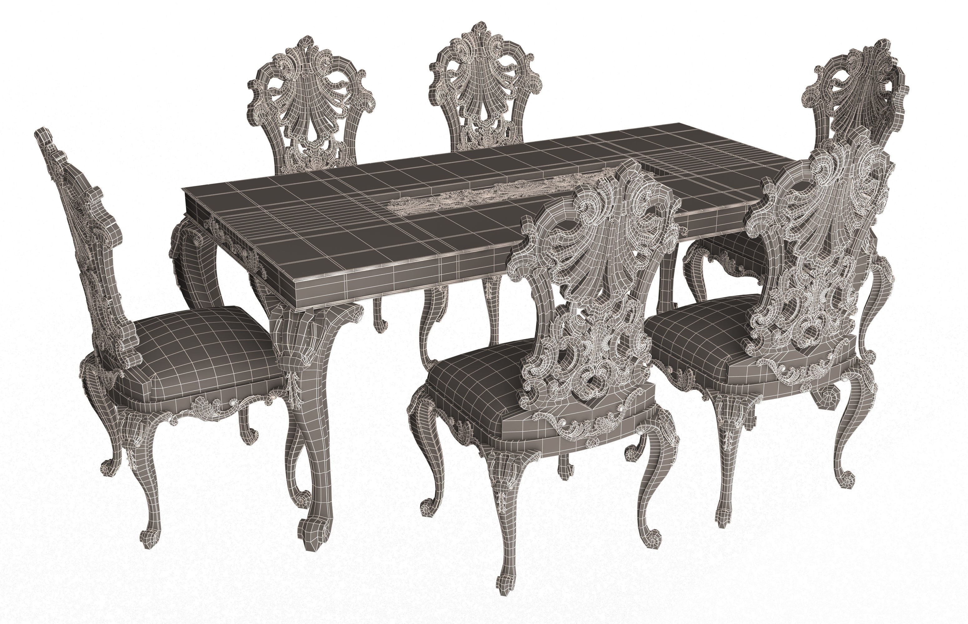 Classic Dinning Table and Chairs Low-poly 3D model_7