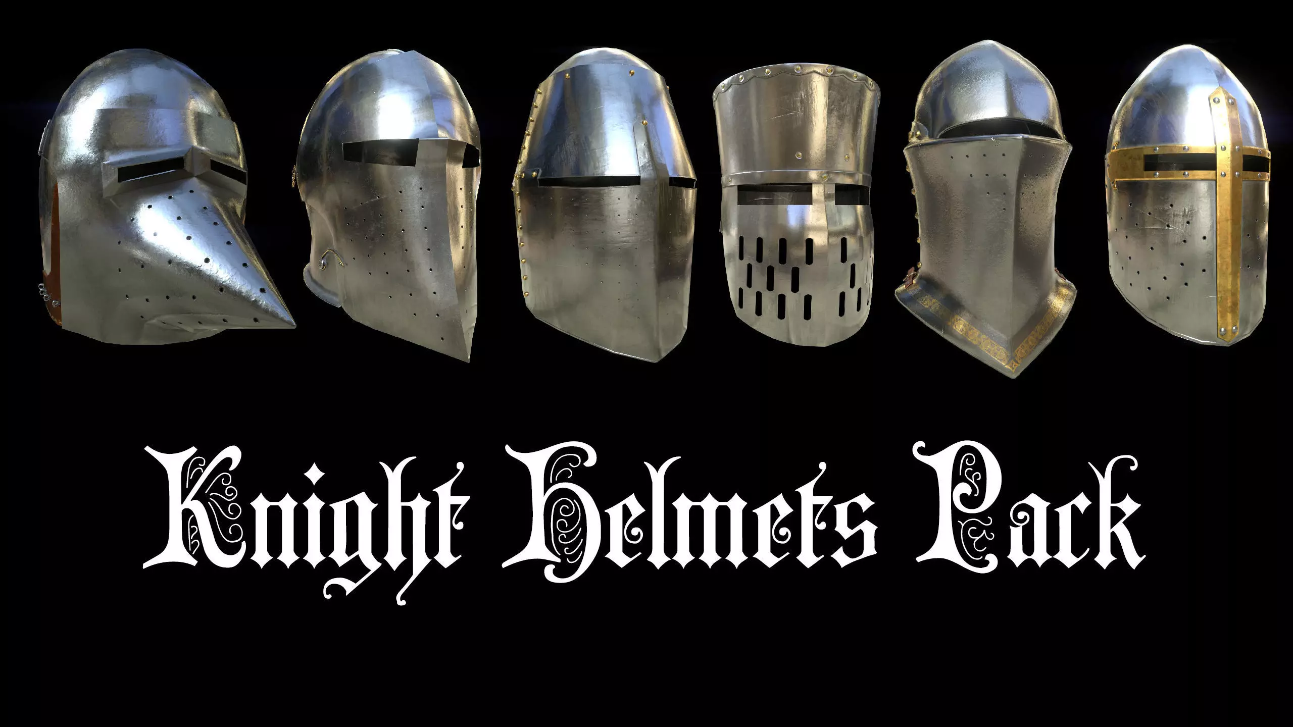 Medieval Knight helmets Pack Low-poly 3D model_0