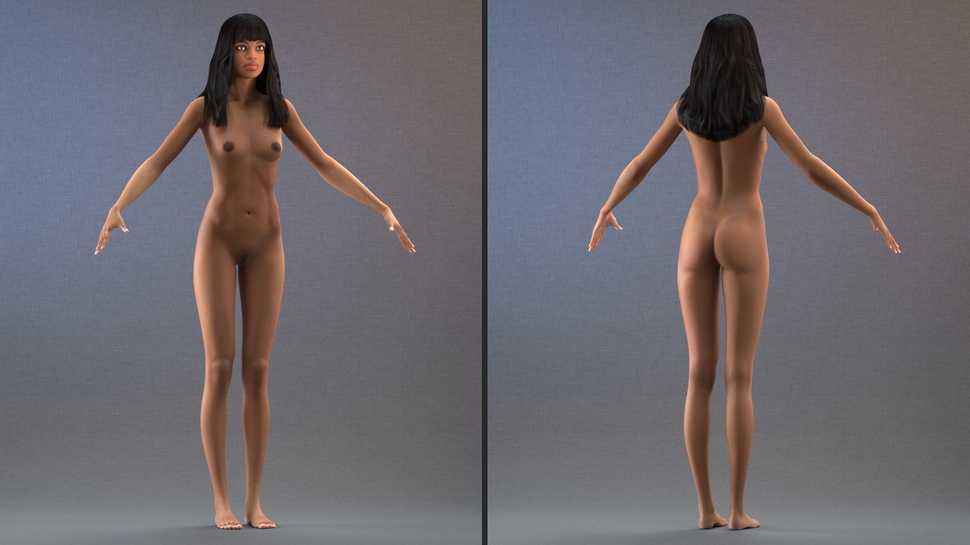 Young Woman Light Skin Black T Pose 3D model_6