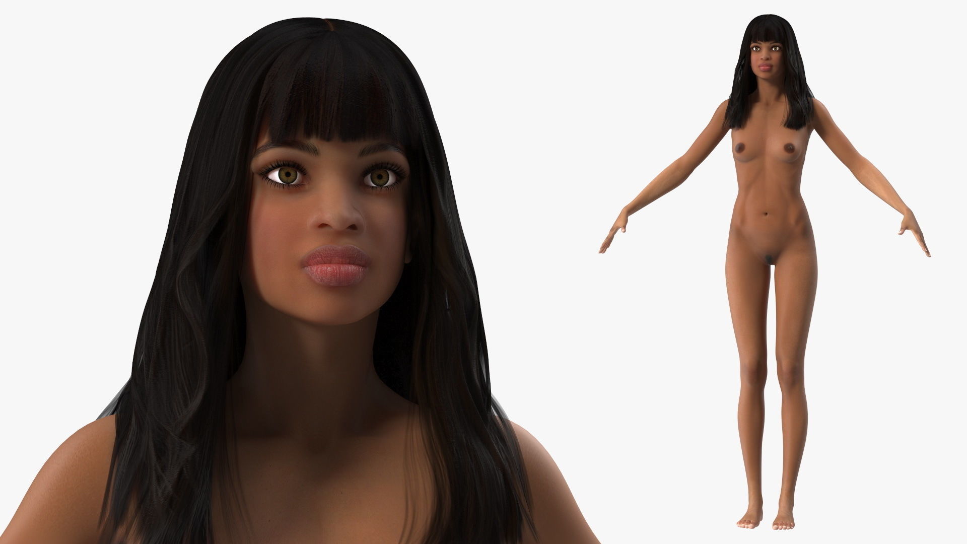 Young Woman Light Skin Black T Pose 3D model_1