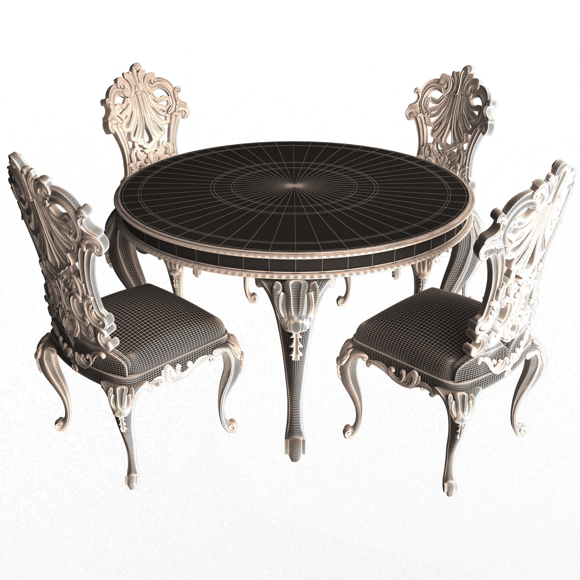Classic Round Dinning Table and Chairs Low-poly 3D model_6