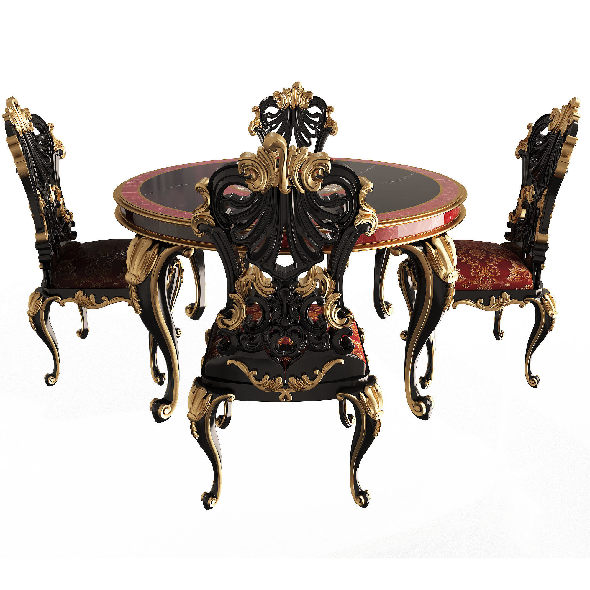 Classic Round Dinning Table and Chairs Low-poly 3D model_1