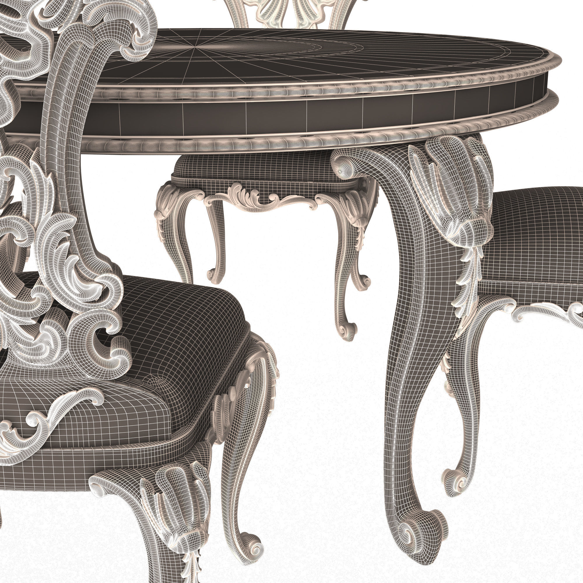 Classic Round Dinning Table and Chairs Low-poly 3D model_11