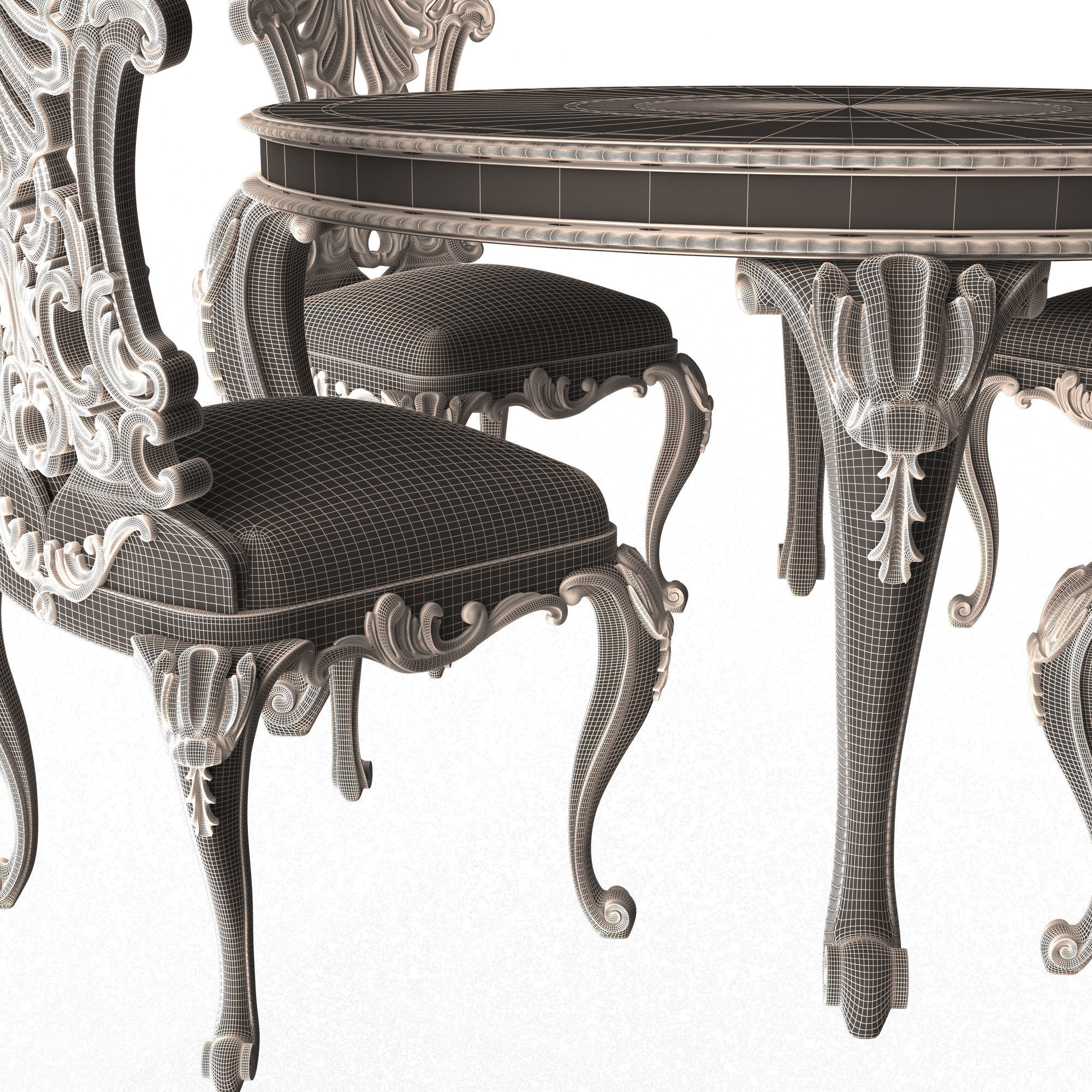 Classic Round Dinning Table and Chairs Low-poly 3D model_10