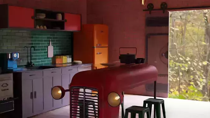 3d retro living room 