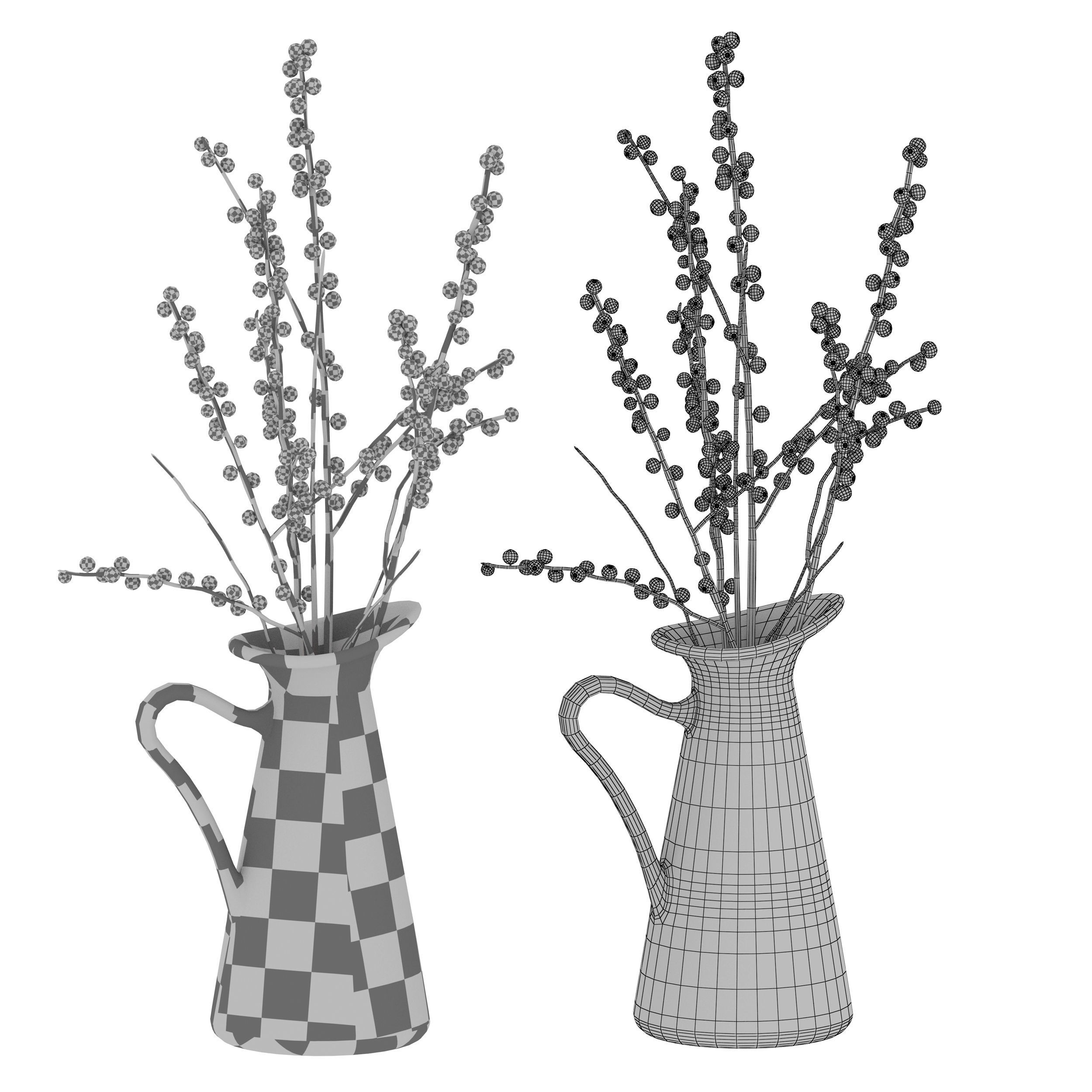 Branches with red berries in a white jug 3D model_10