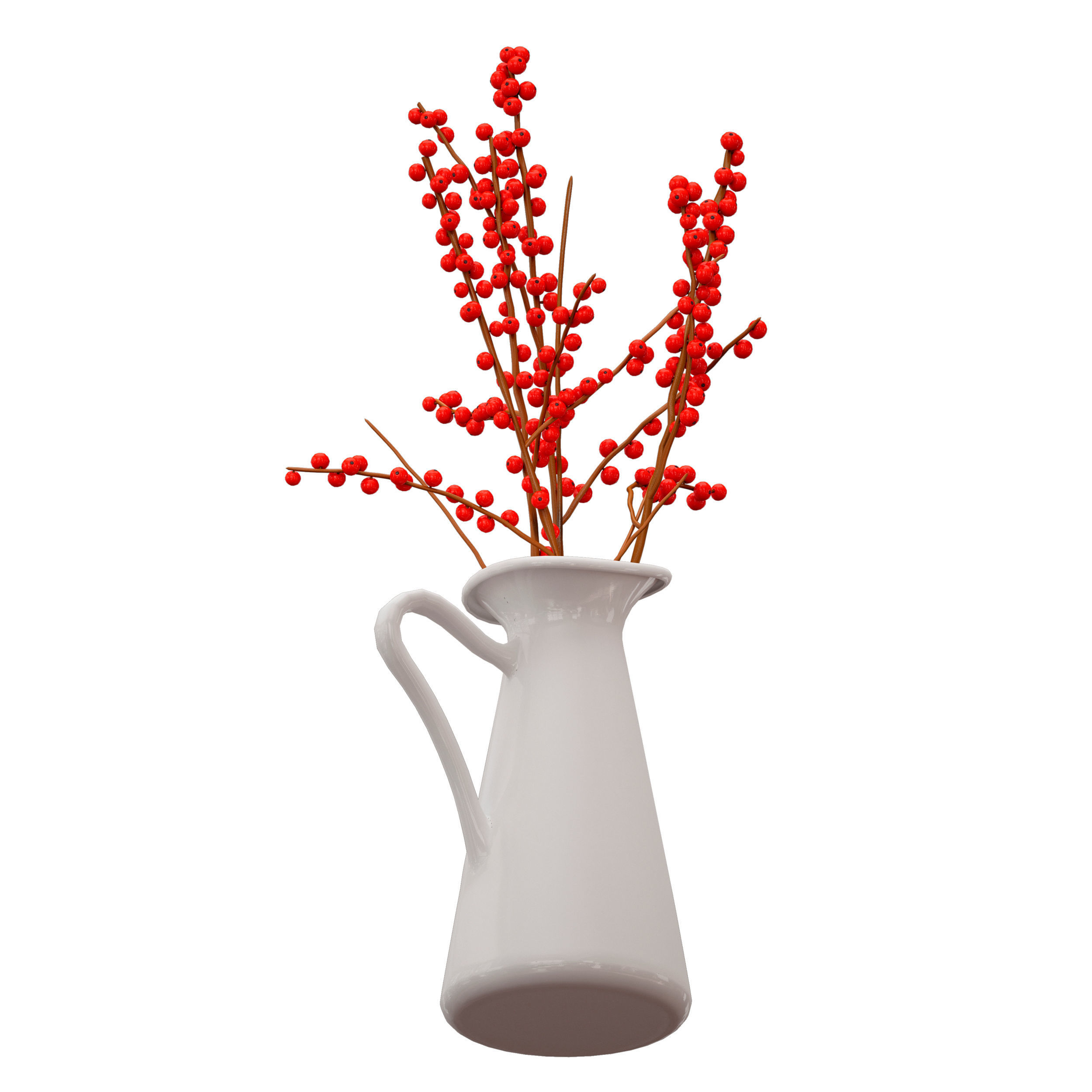 Branches with red berries in a white jug 3D model_3