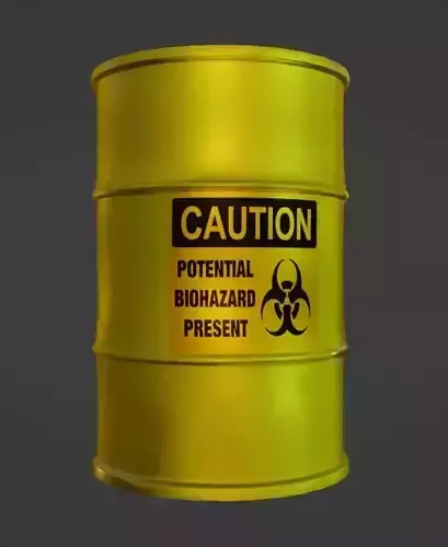Yellow Barrel labeled biohazard highpoly and lowpoly