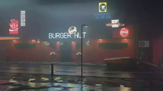 Cyberpunk Low-poly 3D model burger hut in rain