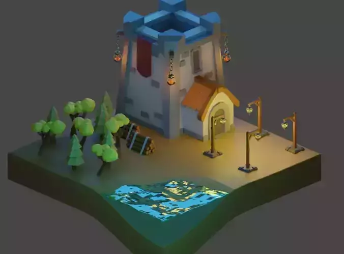 Low Poly Castle with trees and lake