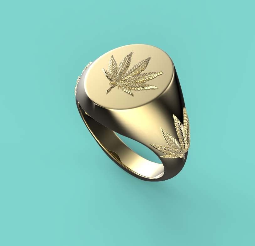 15mm x 12mm 7 Leaf Hemp Oval Signet Ring 3D print model_1
