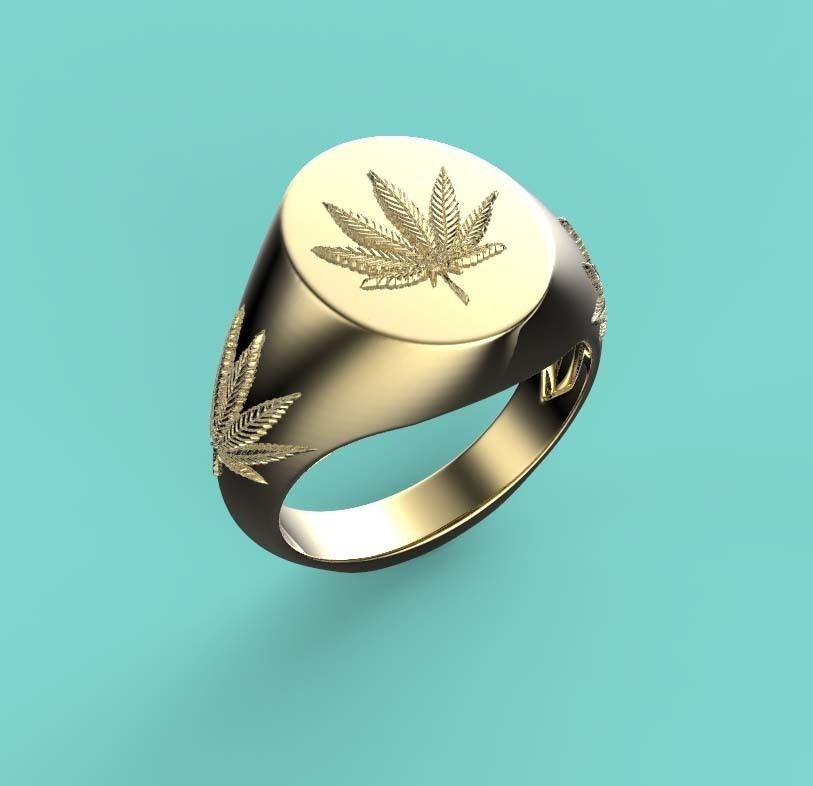15mm x 12mm 7 Leaf Hemp Oval Signet Ring 3D print model_2