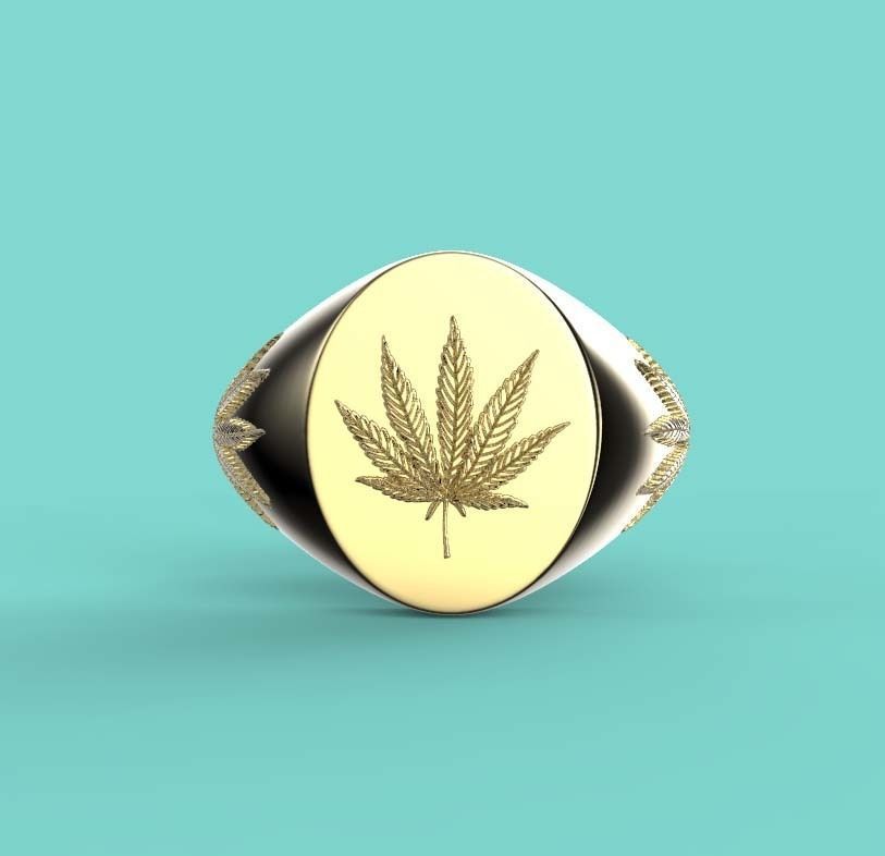 15mm x 12mm 7 Leaf Hemp Oval Signet Ring 3D print model_3