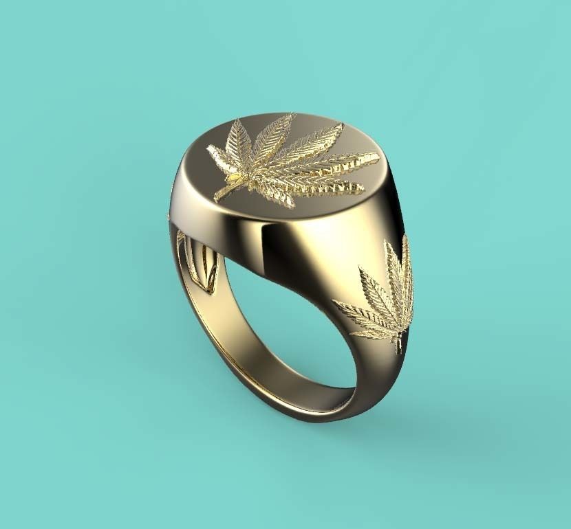 15mm x 15mm 7 Leaf Hemp Round Signet Ring 3D print model 3D print model_3