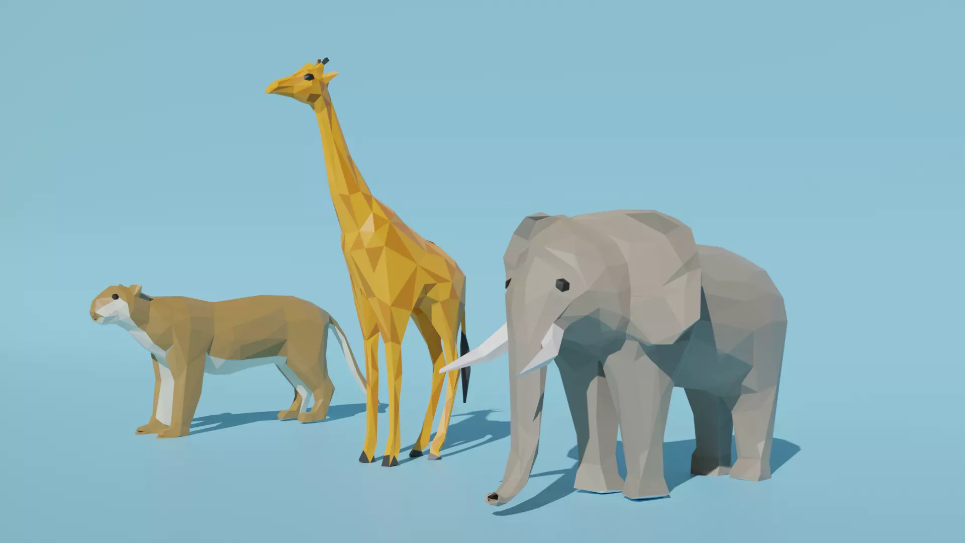 African animals Low Poly Cartoon Giraffe Elephant Lion 3D model_0